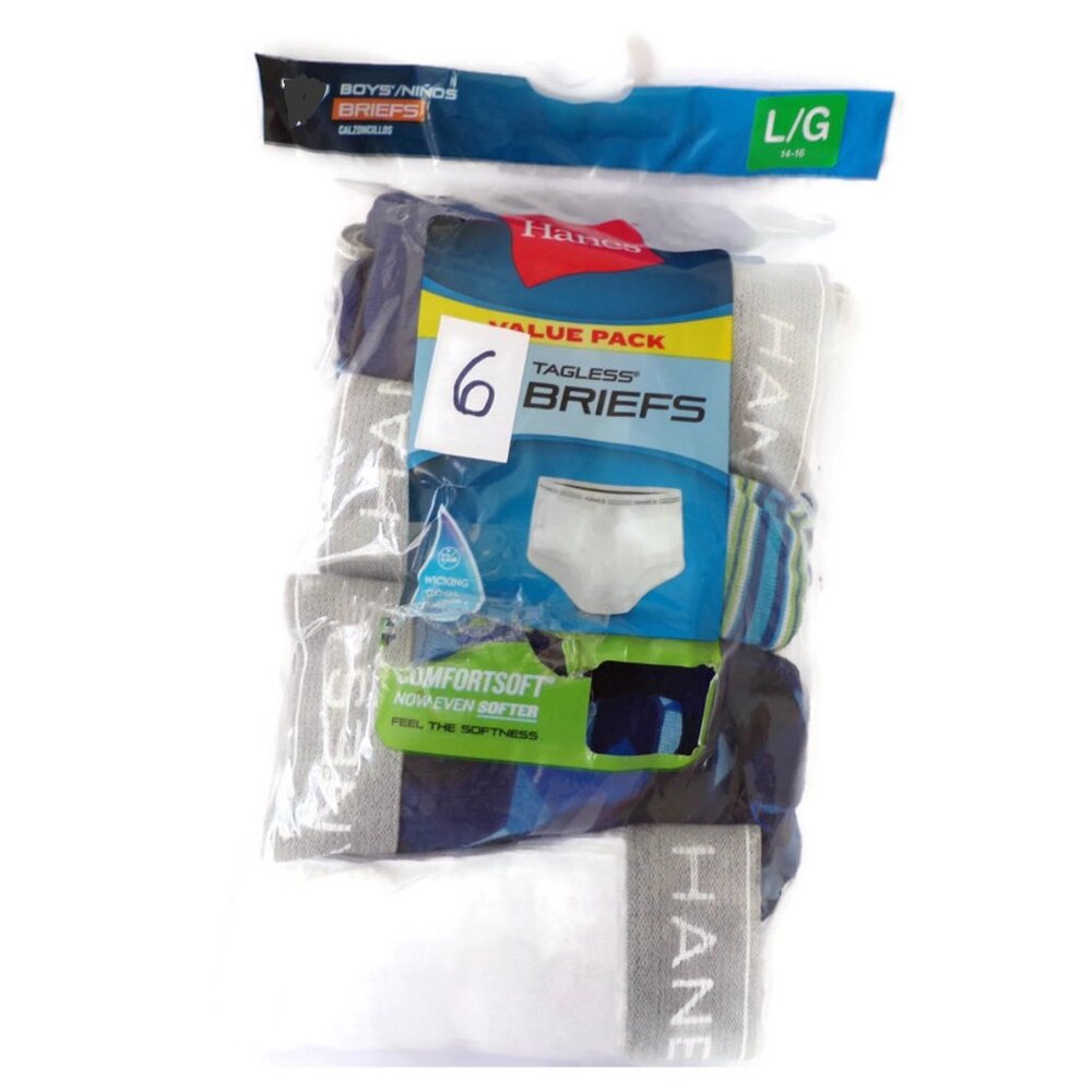 Hanes Boys Tagless Briefs Large 14-16 confortflex waistband 6 pair Blue Grey  99
